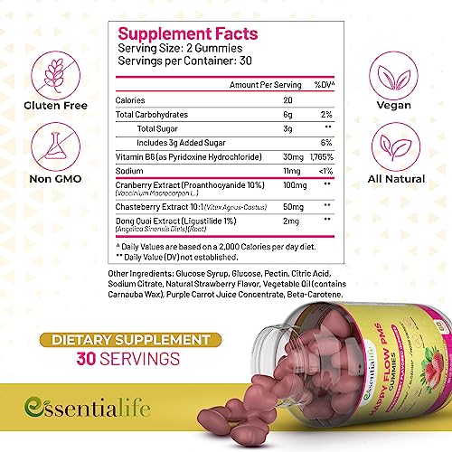 Happy Flow Strawberry-Flavor Chewable PMS Gummies | Hormone Balance Chasteberry Essentialife buy supplements canada