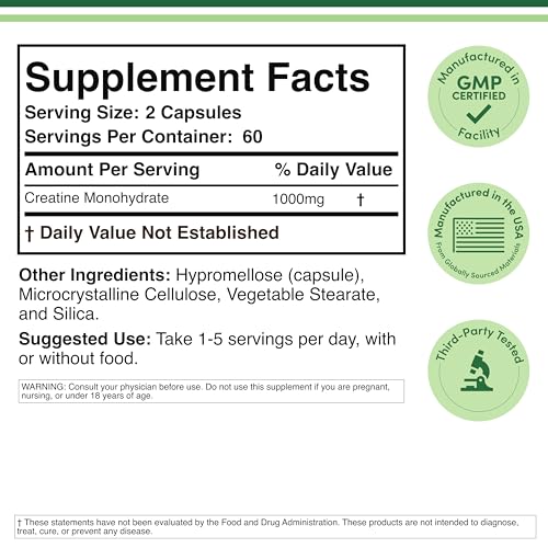 Creatine Monohydrate Capsules - 1g per Serving, 120 Count - No Fillers, Vegan Safe, Non-GMO, Gluten Free by Double Wood Double Wood Supplements buy supplements canada
