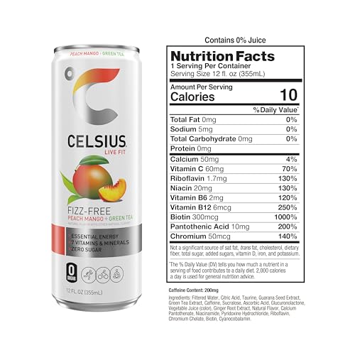 CELSIUS Peach Mango Green Tea, Functional Essential Energy Drink 12 Fl Oz (Pack of 12) CELSIUS buy supplements canada