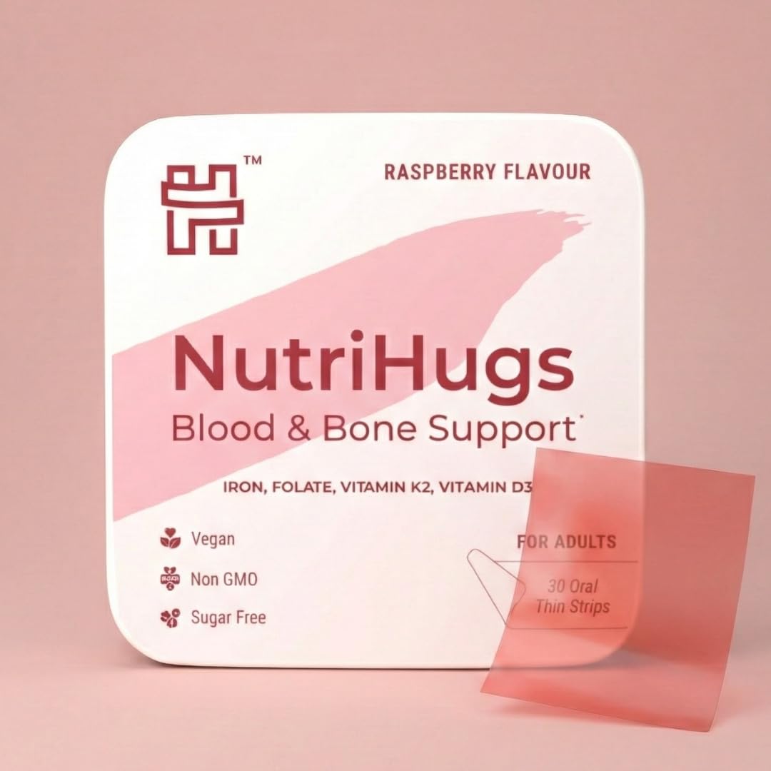 MedHugs NutriHugs Blood and Bone Support - Iron, Folate, Vitamin D3 and K2 - Fast-Dissolving Oral Thin Film Strips - Non-Constipating Iron - Vegan, Sugar-Free, Non-GMO - 30 Strips MedHugs buy supplements canada