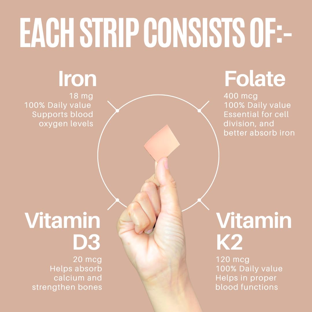 MedHugs NutriHugs Blood and Bone Support - Iron, Folate, Vitamin D3 and K2 - Fast-Dissolving Oral Thin Film Strips - Non-Constipating Iron - Vegan, Sugar-Free, Non-GMO - 30 Strips MedHugs buy supplements canada
