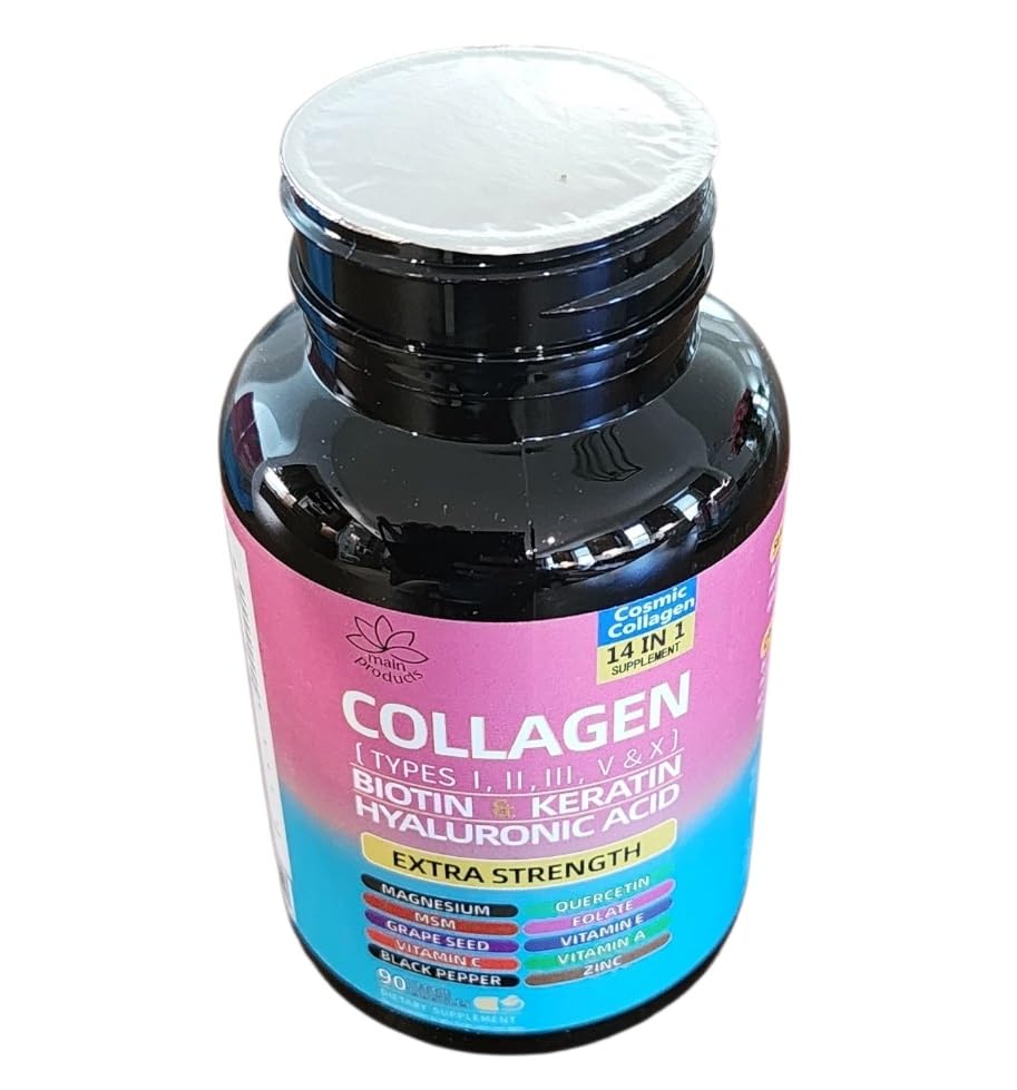 Collagen Peptides Types I, II, III, V & X, 64000 MCG, 14 in 1, Biotin, Keratin, Hyaluronic Acid, Magnesium, MSM, Grape Seed, Vitamin A C & E, Black Pepper, Quercetin, Folate, Zinc (90 Veggie Caps) Main Products buy supplements canada
