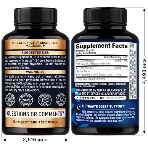 Magnesium Glycinate - Sleep & Relaxation Support - Extra Strength Glycinate, Glycine & Taurine 1500 mg - Magnesium Supplement for Women & Men - Chelated & High Absorption - Made in USA - 120 Capsules NUTRAHARMONY buy supplements canada