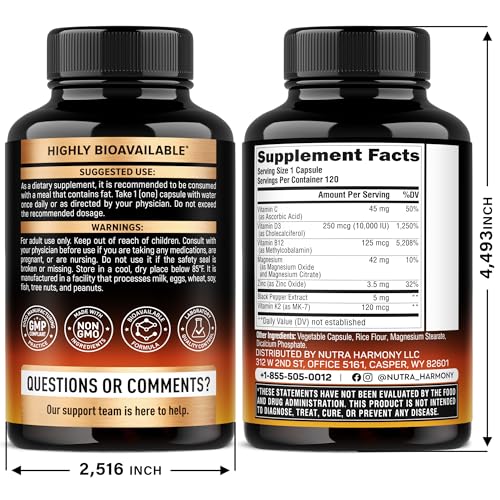Vitamin D3 K2 - Vitamin D3 10000 iu & K2 as MK-7 120 mcg - Immune & Mood Support, for Bone & Teeth Health - with Magnesium, Zinc & Vitamin C & B12 - Highly Bioavailable NUTRAHARMONY buy supplements canada