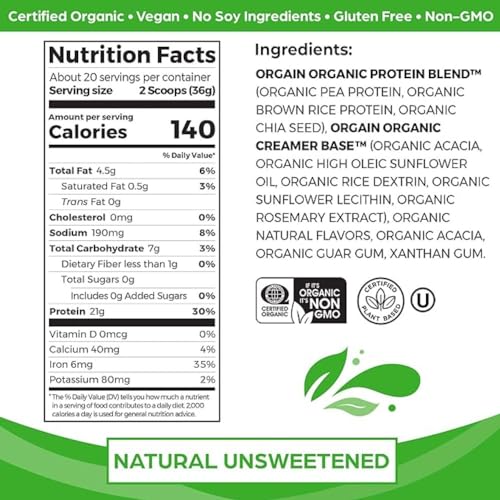 Orgain Organic Unflavored Vegan Protein Powder, Natural Unsweetened - 21g Plant Based Orgain buy supplements canada