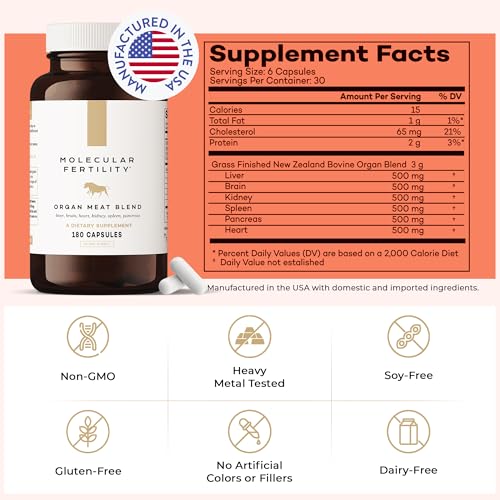 Molecular Fertility Beef Organ Complex - Pasture-Raised, Grass Fed Beef Liver, Brain, Heart, Spleen, Pancreas Blend, Healthy Hormone Balance and Fertility Supplement for Women and Men, 180 Capsules Molecular Fertility buy supplements canada