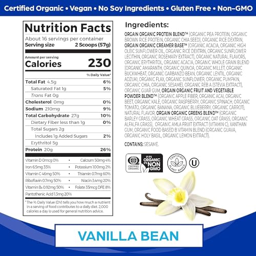 Orgain Organic Vegan Meal Replacement Protein Powder, Vanilla Bean - 20g Plant Based Orgain buy supplements canada