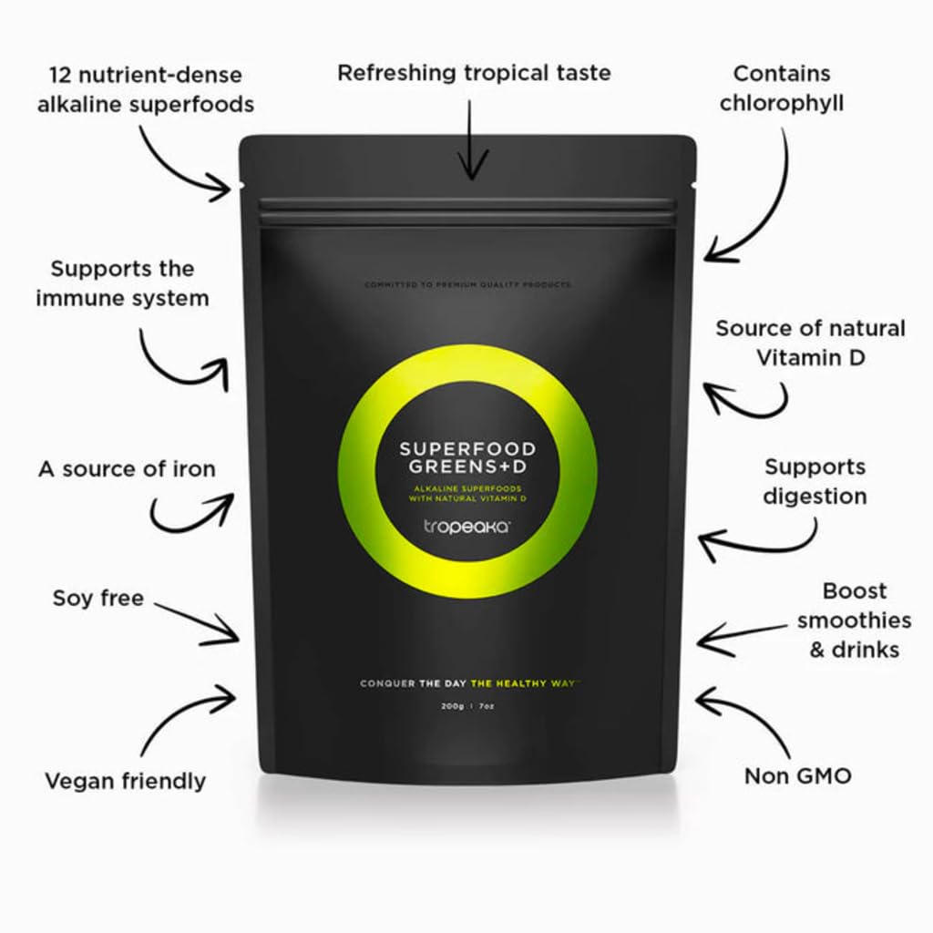 Tropeaka Superfood Greens + D - Antioxidant Green Powder for Energy, Immune System, & Gut Health, Rich in Chlorophyll & Essential Nutrients, Vitamin D, Vegan, Gluten Free, Non-GMO - 7oz (20 Servings) Tropeaka buy supplements canada