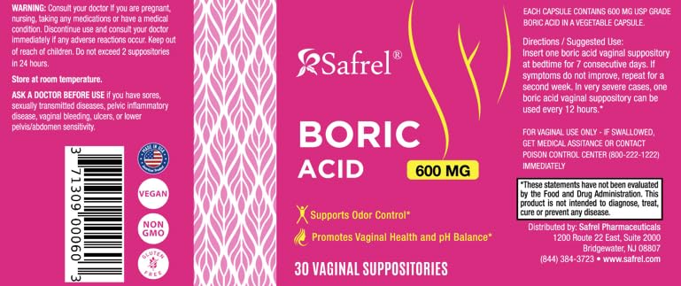 Safrel Boric Acid Vaginal Suppositories - 100% Pure Made in USA - Intimate Health Support, Vaginal Health and pH, Odor Control (30 Count) Safrel buy supplements canada