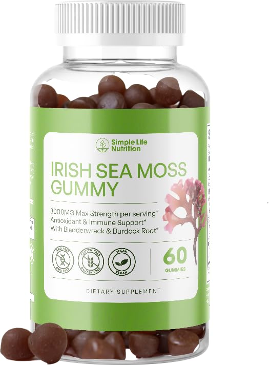 Simple Life Nutrition Organic Irish Sea Moss Gummies - Burdock Root and Bladderwrack Natural Blend - Immune System Gut Cleanse & Thyroid Supplement - Skin and Nail Health - 60CT Simple Life Nutrition buy supplements canada