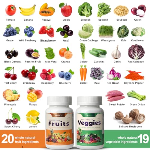 VBTOP Fruit & Vegetable Supplement - Natural Ingredients - 2 Bottles - 180 Capsules Total | A Blend of 20+19 Natural Whole Fruits & Vegetables, a Fresh superfood Formula Rich in Vitamins and Minerals VBTOP buy supplements canada
