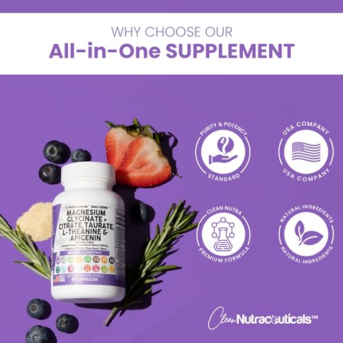 Magnesium Glycinate Complex 1000mg with L-Theanine 200mg Apigenin 50mg Citrate Taurate Supplement - 5-HTP GABA Passion Flower Lemon Balm L-Glycine Phosphatidylserine Ashwagandha - USA Made Clean Nutra Clean Nutraceuticals buy supplements canada