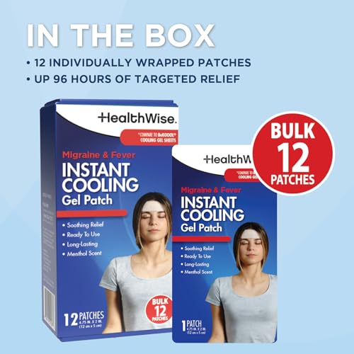 HealthWise Instant Cool Gel Patches | Migraine & Fever Relief | 12-Count | 4.75” x 2” | Soothing Menthol Vapors | Non-Medicated Formula HealthWise buy supplements canada