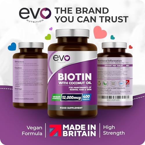 Biotin Hair Growth Supplement 12,000mcg with Coconut Oil | 400 High Strength Tablets EVO NUTRITION buy supplements canada
