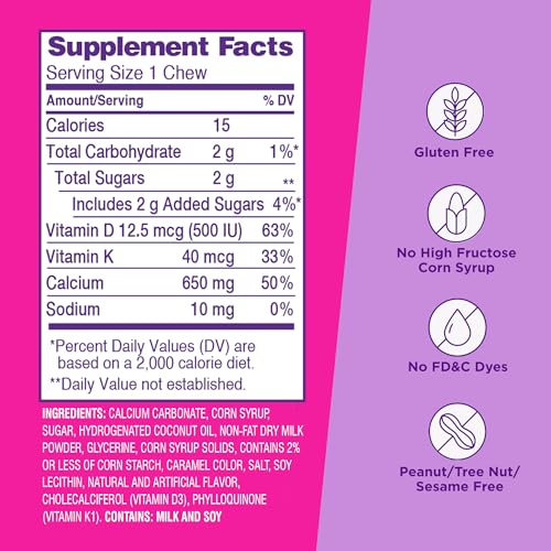 Viactiv Calcium + Vitamin D Supplement Soft Chews for Women & Men - Chewable Calcium for Bone Health Support, 650 mg per Serving, Vitamin D & K for High Absorption - 60 Count, Caramel Viactiv buy supplements canada