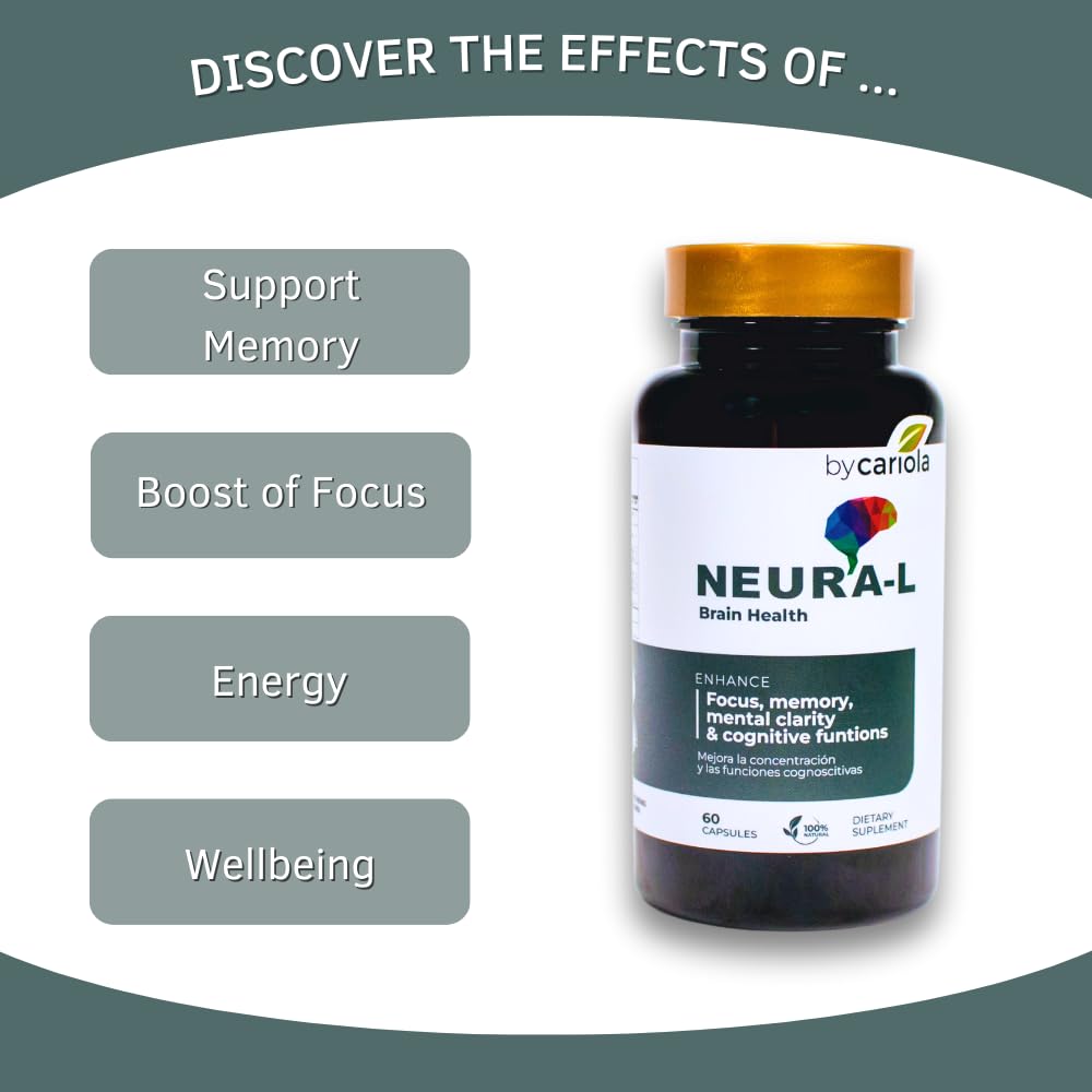 BY CARIOLA Neural-L Natural Brain Support Supplement 60 Caps - Mental Support – Memory Booster - Concentration - Natural Formula - Ashwagandha - L-Tyrosine - L-Theanine BY CARIOLA buy supplements canada
