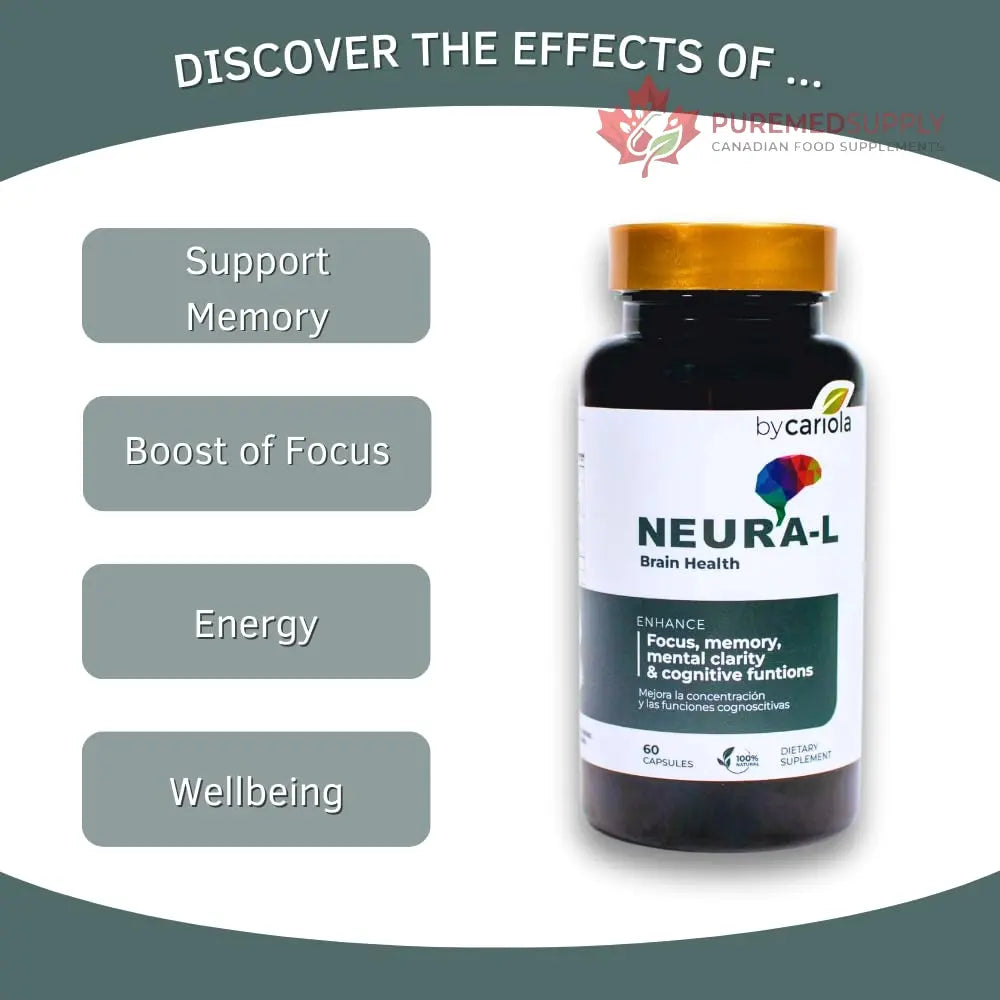 BY CARIOLA Neural-L Natural Brain Support Supplement 60 Caps - Mental Support – Memory Booster - Concentration - Natural Formula - Ashwagandha - L-Tyrosine - L-Theanine BY CARIOLA buy supplements canada