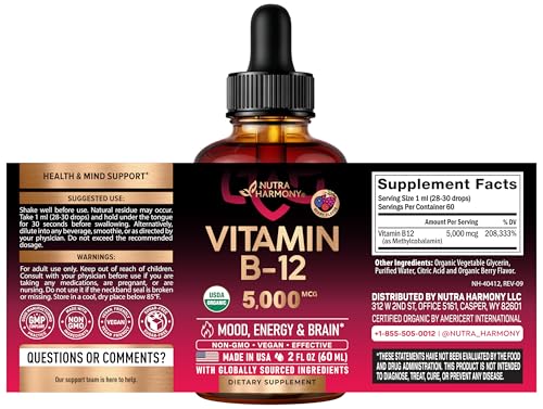 USDA Organic Vitamin B12 Sublingual Drops - 5000 mcg Liquid Vegan Methylcobalamin for Women & Men - Energy Boost, Focus & Mood, Brain Health Support NUTRAHARMONY buy supplements canada