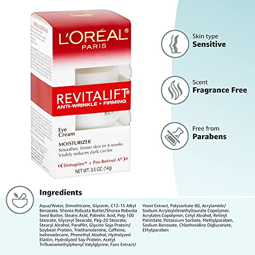 L'Oreal Paris Skincare Revitalift Anti-Wrinkle and Firming Eye Cream with Pro Retinol, Treatment to Reduce Dark Circles, Fragrance Free, 0.5 oz. L'Oreal Paris buy supplements canada