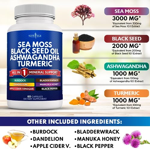 Silica Sea Moss 3000mg Black Seed Oil 2000mg Ashwagandha 1000mg Turmeric 1000mg NEW AGE buy supplements canada