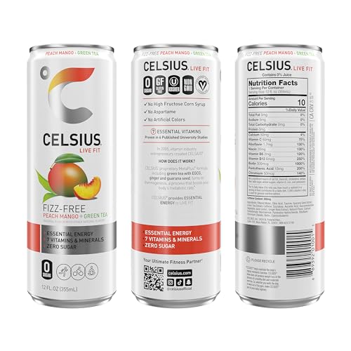 CELSIUS Peach Mango Green Tea, Functional Essential Energy Drink 12 Fl Oz (Pack of 12) CELSIUS buy supplements canada