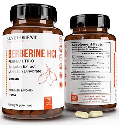 Premium Berberine HCL 730mg - 120 VCAPS Perfect Trio Complex with Non-GMO Jiaogulan Benevolent Nourishment buy supplements canada