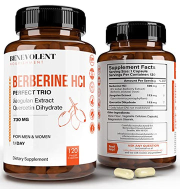 Premium Berberine HCL 730mg - 120 VCAPS Perfect Trio Complex with Non-GMO Jiaogulan Benevolent Nourishment buy supplements canada