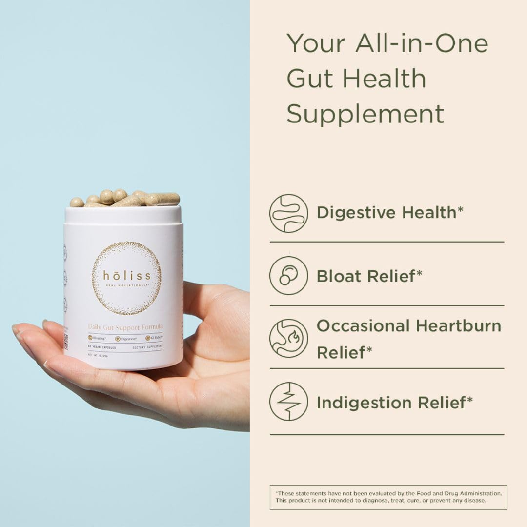 HOLISS Daily Gut Health Capsules – 8-in-1 All Natural Supplement, Lemon Balm, Bloat & Gas Relief, GI Lining Repair, HOLISS buy supplements canada