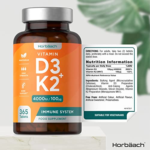 Vitamin D3 K2 High Strength Tablets | 365 Count | Vitamin D3 4000iu and Vitamin K2 MK7 Horbäach buy supplements canada