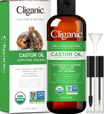 Cliganic USDA Organic Castor Oil, 100% Pure (16oz with Eyelash Kit) - For Eyelashes, Eyebrows, Hair & Skin Cliganic buy supplements canada