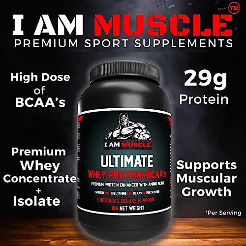 Ultimate Whey Protein + BCAA’s Powder, Premium High Protein Isolate, Enhance Lean Muscle Mass and Recovery, 1kg I AM MUSCLE buy supplements canada