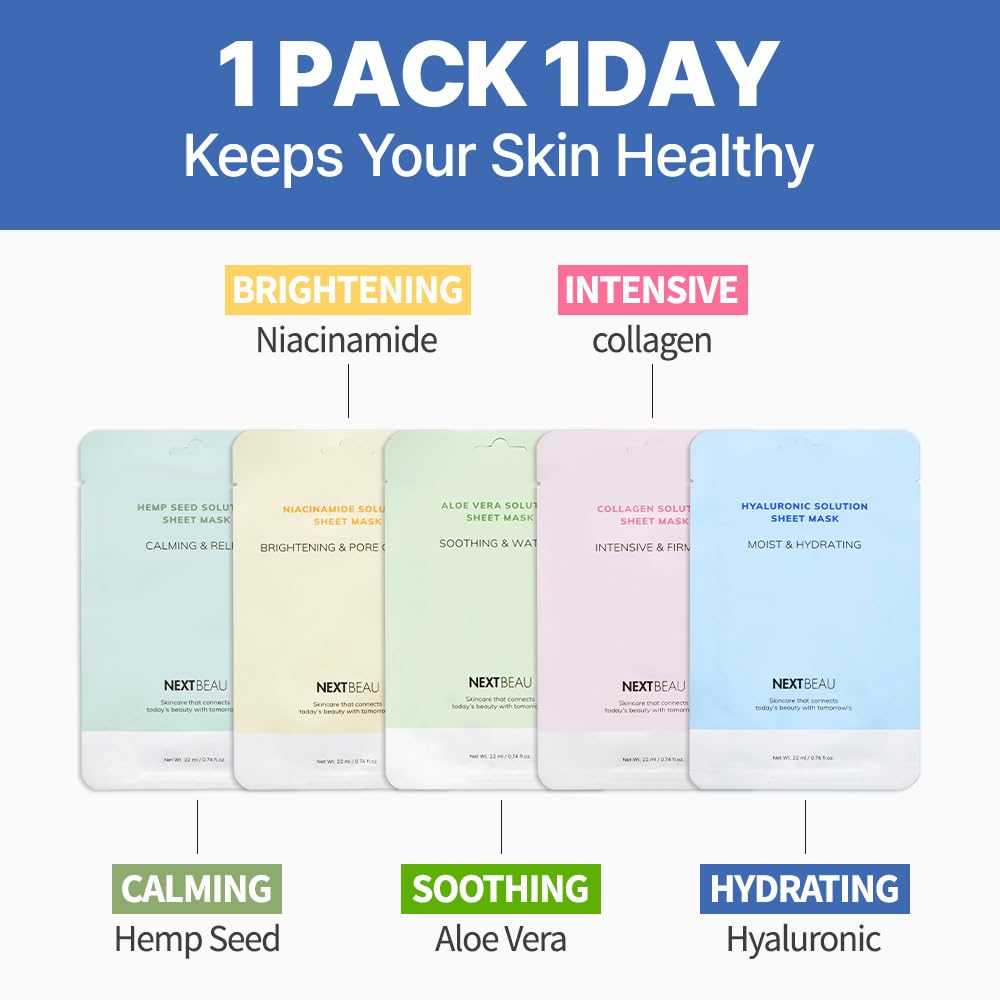 NEXTBEAU Solution Sheet Mask Variety Pack, 10 Count (5 Types x 2 Sheets), 0.74 fl oz Each, Korean Facial Sheet Masks for Daily Skincare NEXTBEAU buy supplements canada