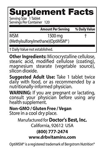 Doctor's Best MSM with OptiMSM, Non-GMO, Gluten Free, Joint Support, 1500 mg Doctor's BEST buy supplements canada