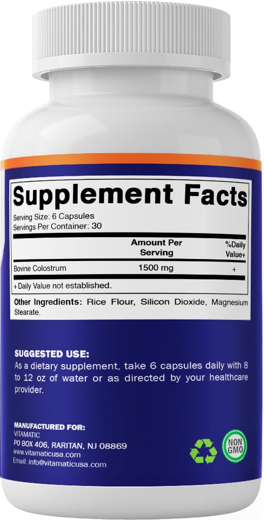 Vitamatic Bovine Colostrum 30% IgG Supplement 1500 mg per Serving - Supplement for Gut Health, Hair Growth, Beauty, Muscle Recovery, & Immune Support - 180 Veg Capsules Vitamatic buy supplements canada