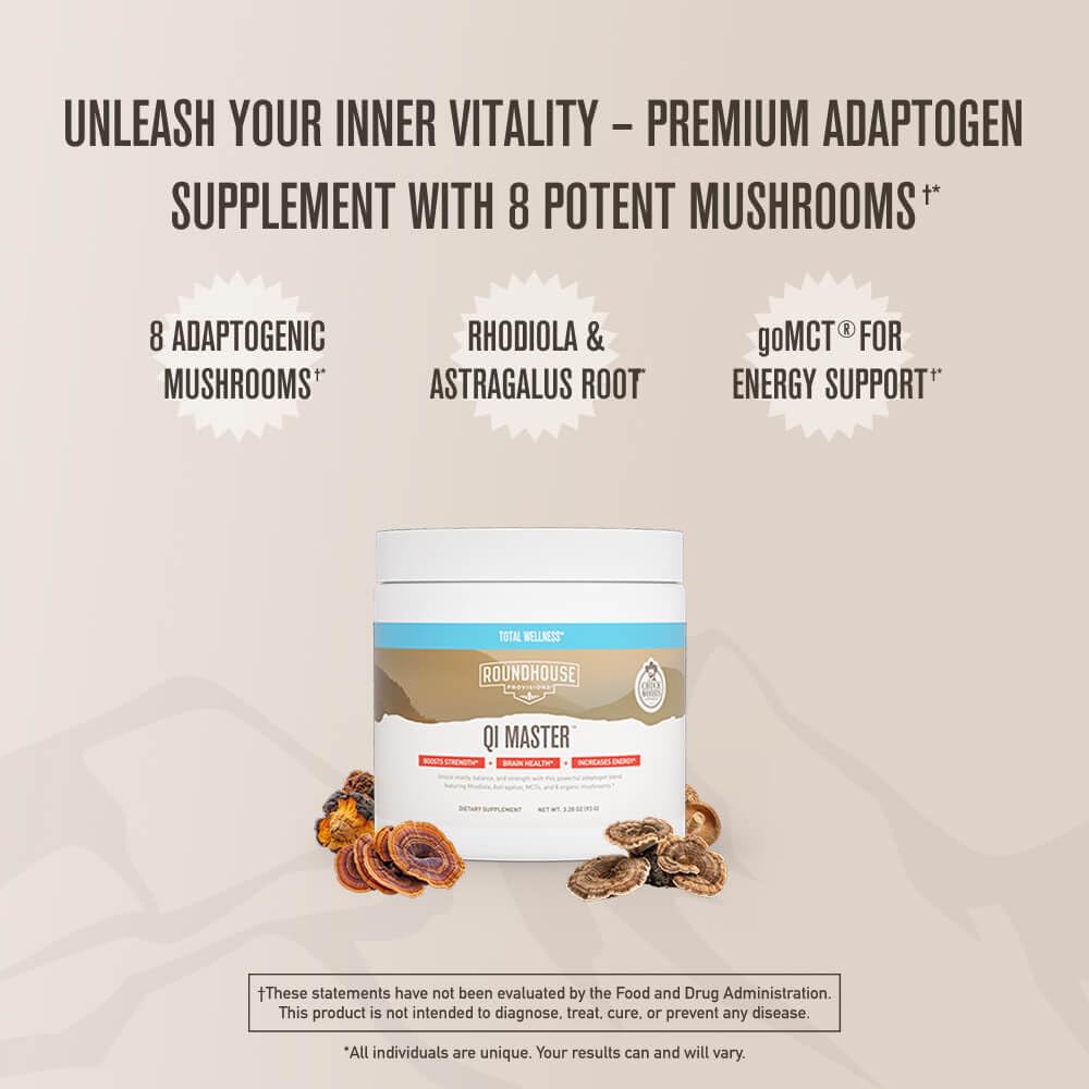 ROUNDHOUSE PROVISION Qi Master Adaptogen Blend, Earthy Mushroom Flavor with Astragalus Root, Rhodiolife Extract, MCT, 8 Organic Mushrooms (30 Scoops) by Chuck Norris ROUNDHOUSE PROVISION buy supplements canada