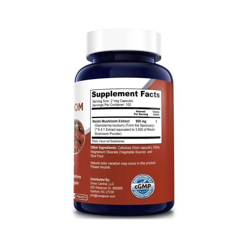 NusaPure Reishi Mushroom 4:1 Extract, 900 mg Equivalent to 3,600mg per Capsule 200 Veggie Caps Vegan, Non-GMO, Gluten-Free NusaPure buy supplements canada