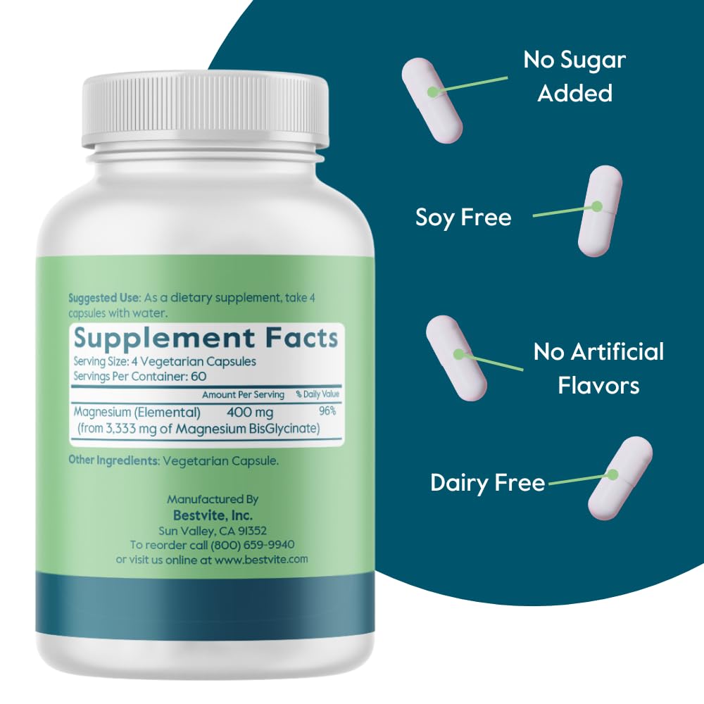 BESTVITE Filler-Free Magnesium Glycinate - 400mg of Magnesium per Serving (240 Veg Caps)- Chelated Bisglycinate for Muscle, Relaxation, Stress & Sleep Support* - For Men & Women - No Stearates - Vegan BESTVITE buy supplements canada