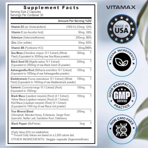 Sea Moss 3000mg Maca 1000mg Black Seed Oil 2000mg Ashwagandha 1000mg Bladderw Vitamax buy supplements canada