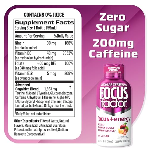 Focus Factor Focus + Energy Shots - 12 x 2oz Bottles (Tropical Punch Flavor) - Powered by Nootropics with Caffeine, L-Theanine, Ginkgo, Bacopa, L-Tyrosine, Alpha GPC Focus Factor buy supplements canada