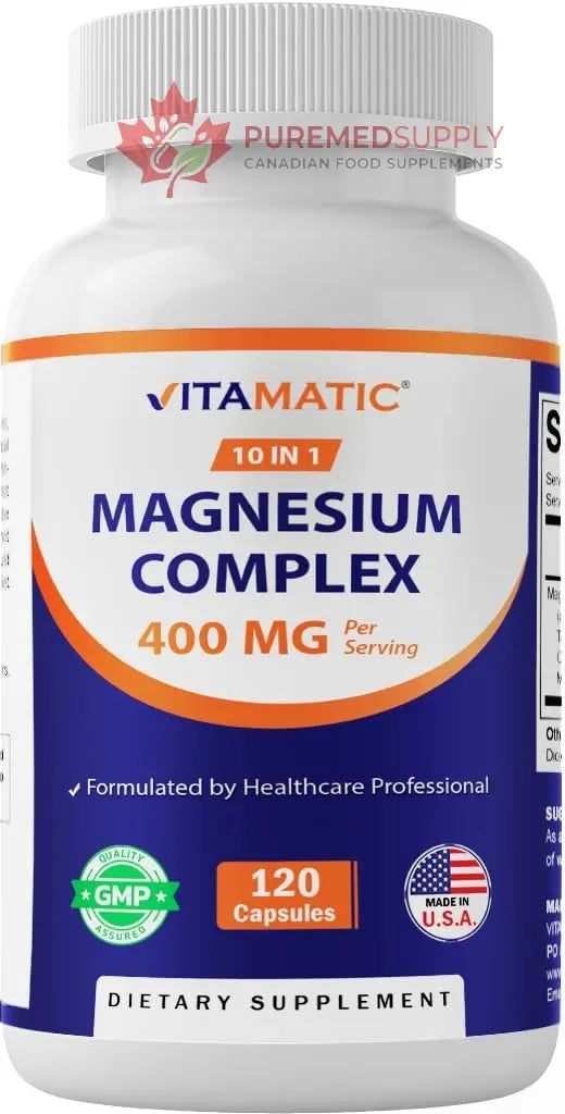 Vitamatic Magnesium Complex, 400mg Elemental MG (as Bisglycinate, Citrate, Taurate, Malate, Aspartate, Oxide, Gluconate, Lysinate Glycinate, Orotate, Succinate) – 120 Capsules Vitamatic buy supplements canada