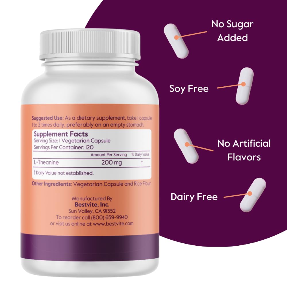 BESTVITE L-Theanine 200mg (120 Vegetarian Capsules) - No Stearates - Vegan - Non GMO - Gluten Free BESTVITE buy supplements canada