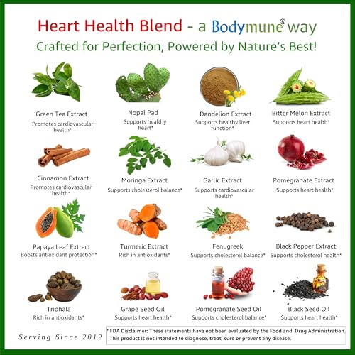 Bodymune Heart Health Blend Cholesterol Support – Organic Cardiovascular & Circulation Supplement – with Green Tea, Pomegranate & Black Seed Oil – 66 Capsules – USDA Organic, Vegan Bodymune buy supplements canada