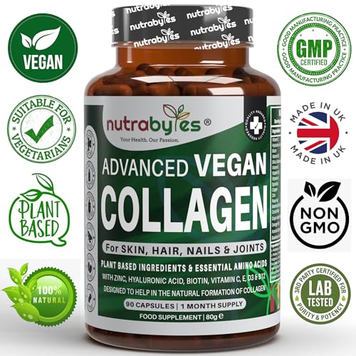 Vegan Collagen Supplement For Skin, Hair, Nails, Joints & Bones with Hyaluronic Acid, Biotin, Lysine, Bamboo Silica, Zinc, Vitamin C, D3, B12, E NUTRABYTES buy supplements canada