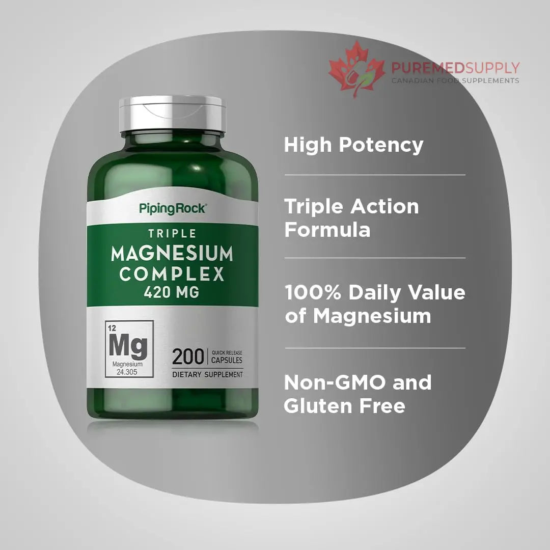 Piping Rock Triple Magnesium Complex | 420 mg | 200 Capsules | Magnesium Oxide, Citrate, and Aspartate Supplement | Non-GMO, Gluten Free Piping Rock buy supplements canada
