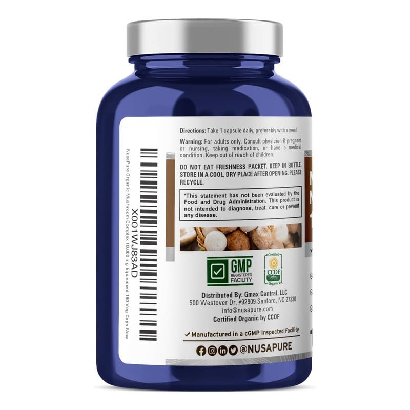 NusaPure Organic Mushroom Complex 10,000mg per Capsule, 180 Veggie Caps, Non-GMO, Enoki, Turkey Tail, Reishi, Chaga, Maitake NusaPure buy supplements canada