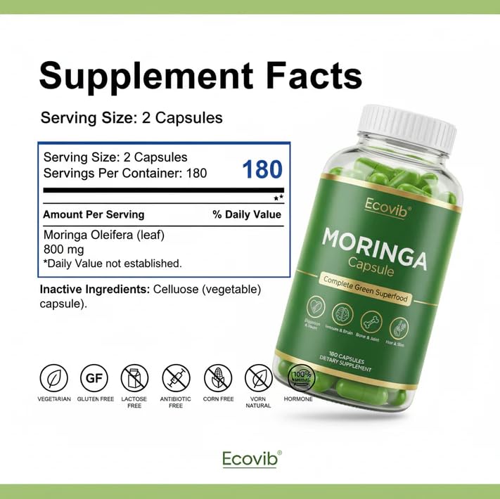 ECOVIB Moringa Capsules – 180 Vegan Capsules | Organic Superfood for Energy, Immunity & Detox ECOVIB buy supplements canada