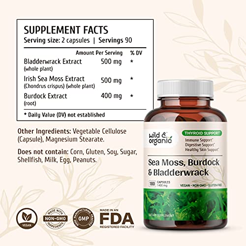 Sea Moss Capsules - 180 Caps Wildcrafted Irish Moss, Burdock Root & Bladderwrack Wild & Organic buy supplements canada