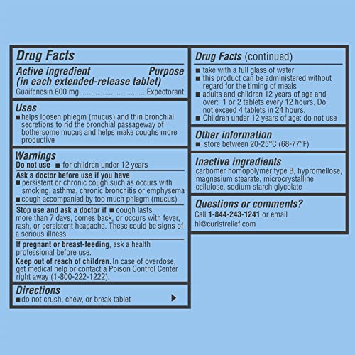 Curist Guaifenesin 600 mg Extended Release Tablets (300 Dye-Free Tablets) - Expectorant Curist buy supplements canada