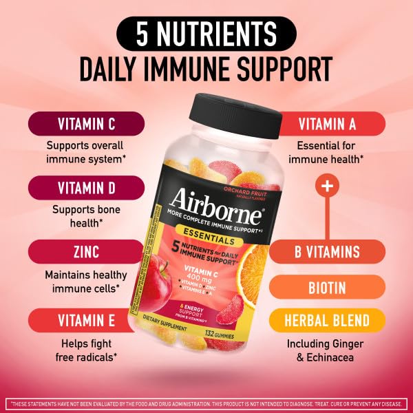 Airborne 400mg Vitamin C Gummies for Adults & Children, Immune Essentials Daily Immune Support Supplement with Vitamins C & E - Orchard Fruit Flavor, 132 Gummies (Pack of 2) Airborne buy supplements canada