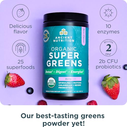 Ancient Nutrition SuperGreens Powder with Probiotics, Organic Berry Flavor Greens, Made from Real Fruits, Vegetables and Herbs, Digestive and Energy Support, 25 Servings, 6.7oz Ancient Nutrition buy supplements canada